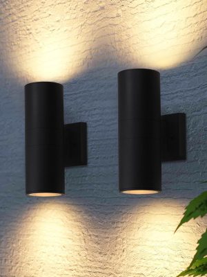 LEONLITE 2-Pack 12" Outdoor Cylinder Wall Light, Up and Down, E26 Base | Modern Porch Patio Lights, Waterproof Wall Sconce, Exterior Light Fixture Wall Mount, Aluminum, Matte Black, ETL Listed