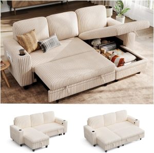 LINSY HOME Sectional Couches for Living Room, 81" L Shape 3 Seats, Beige | Sleeper sofa with pull out couch bed, corduroy couch with storage