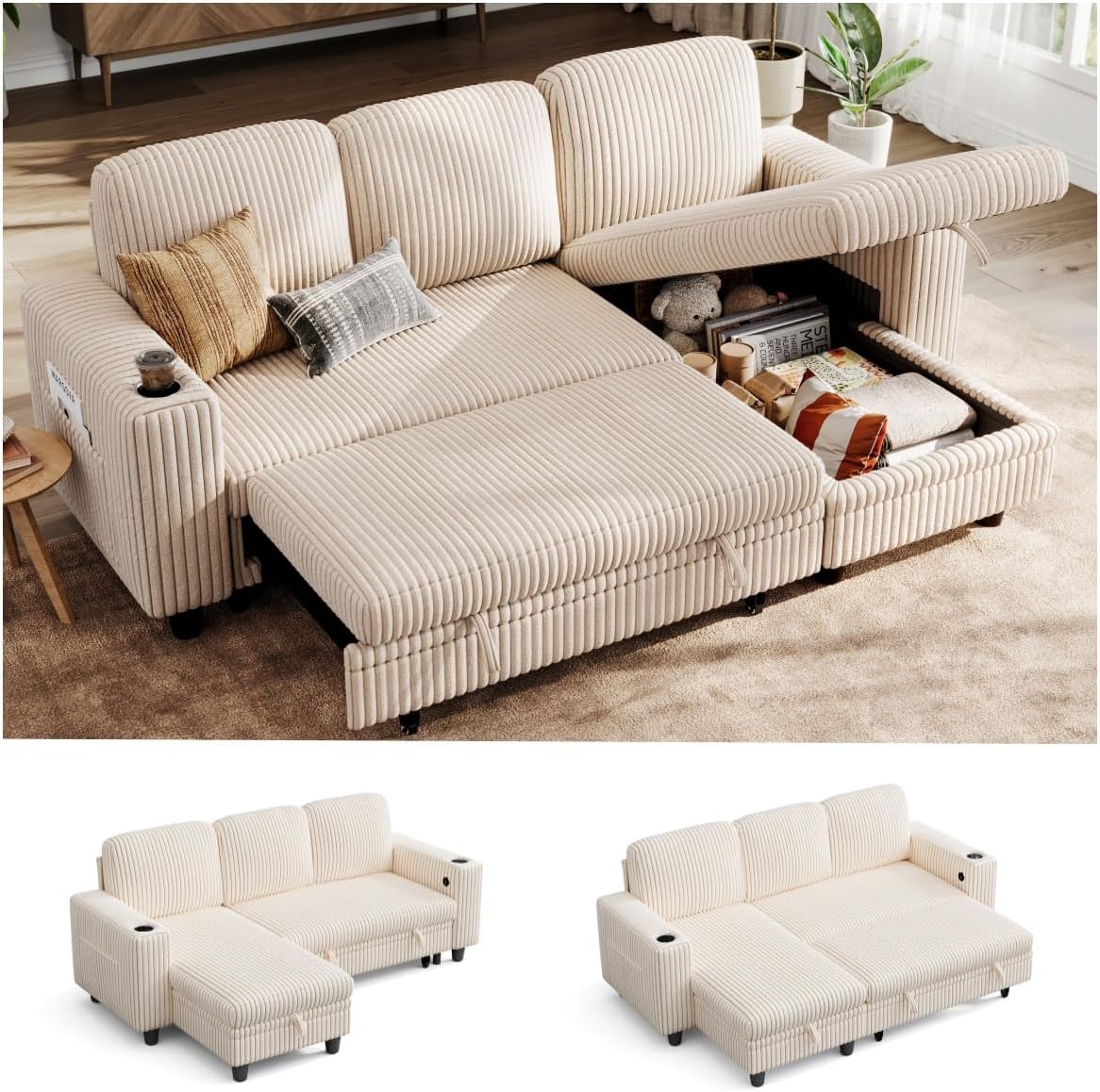 LINSY HOME Sectional Couches for Living Room, 81" L Shape 3 Seats, Beige | Sleeper sofa with pull out couch bed, corduroy couch with storage