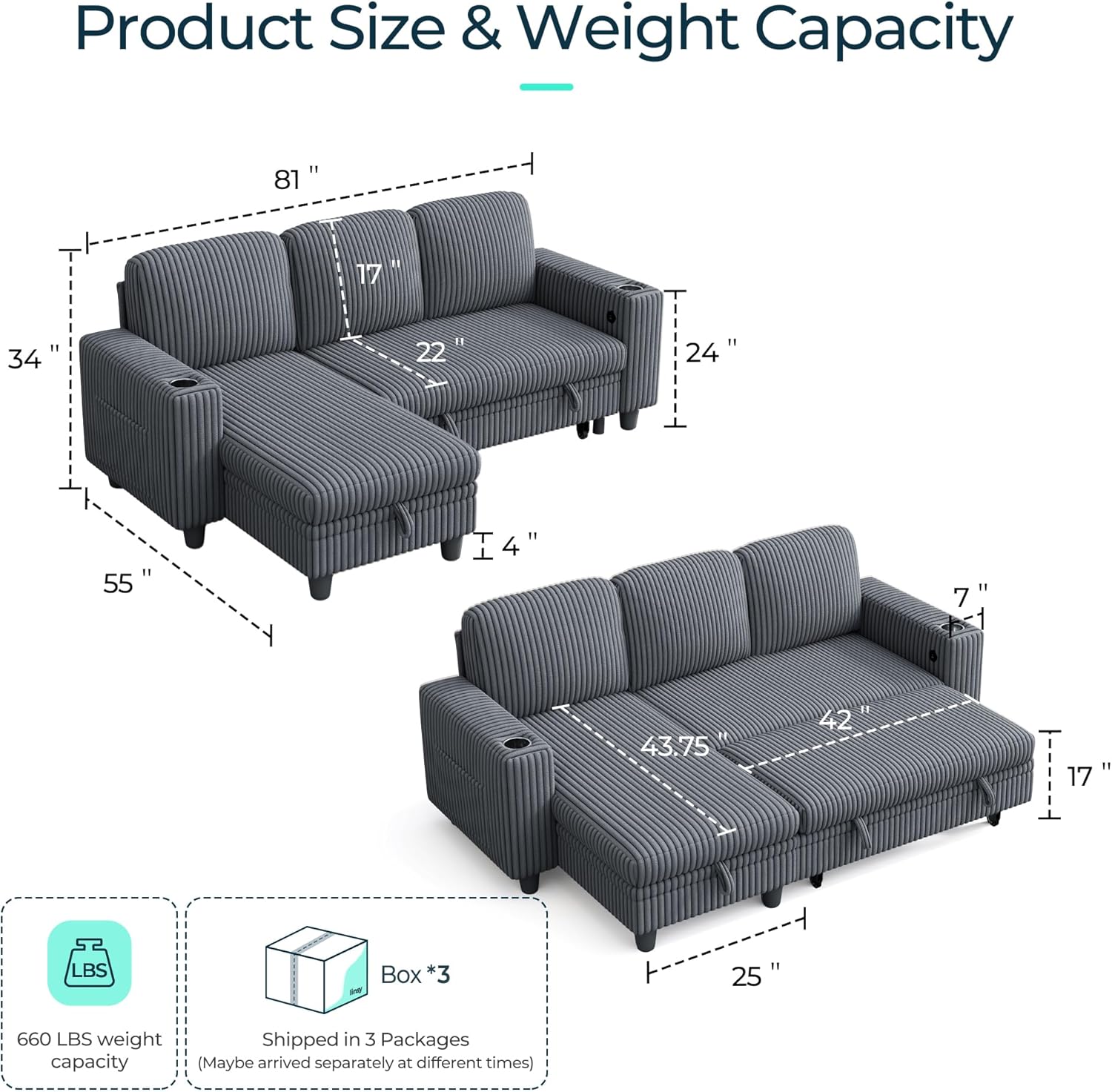 LINSY HOME 81" L-Shape Grey Corduroy Sleeper Sectional w/ Pull-Out Bed, Storage - Image 2