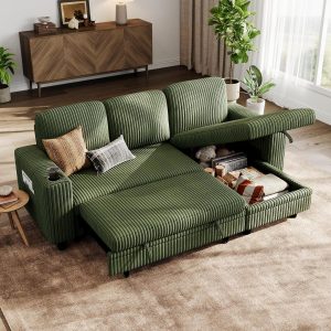 LINSY HOME Sectional Couches for Living Room, 81" L Shape 3 Seats, Green | Sleeper sofa with pull out couch bed, corduroy couch with storage