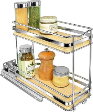 LYNK PROFESSIONAL® Élite™ Pull Out Spice Organization for Cabinets - 4-3/8 inch Wide – Spice Rack for Inside Cabinets – Wood/Chrome - Sliding Spice Rack Organizer for cabinet – Spice Rack - 2 Tier