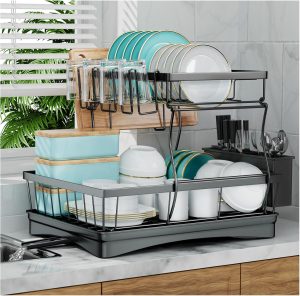 7 code 2-Tier Large Dish Drying Rack for Kitchen Counter, Black | Detachable Large Capacity Dish Drainer Organizer with Auto Drain, Anti-Rust Dish Rack with Cup & Utensil Holders