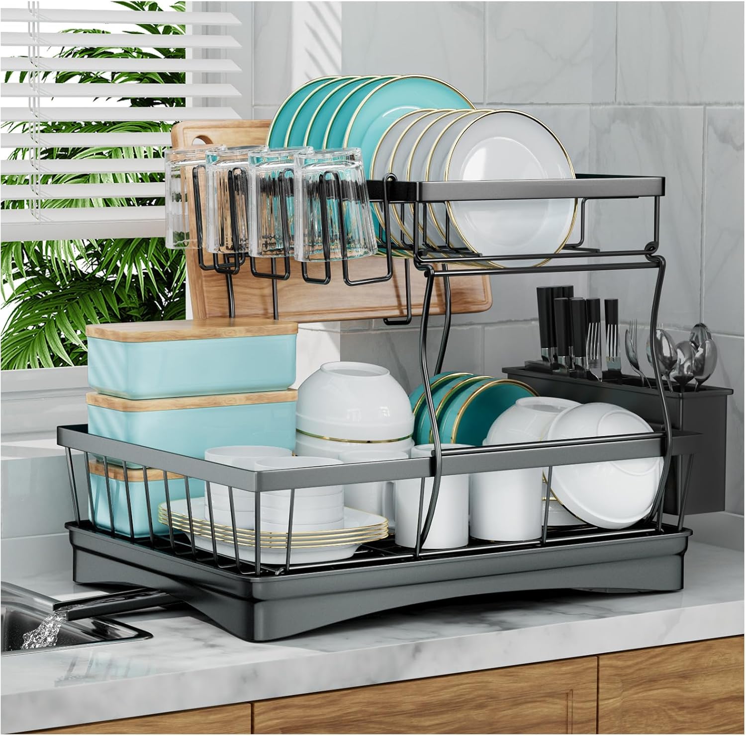 7 code 2-Tier Large Dish Drying Rack for Kitchen Counter, Black | Detachable Large Capacity Dish Drainer Organizer with Auto Drain, Anti-Rust Dish Rack with Cup & Utensil Holders
