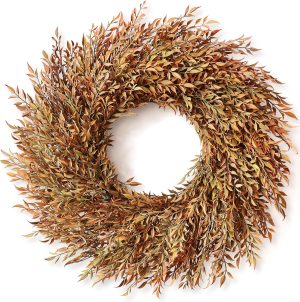 26" Artificial Fall Nandina Wreath for Front Door Decoration (Orange-Green) | Faux Large Autumn Wreath Fake Boxwood Wreath,for Window Front Porch Fireplace Farmhouse Thanksgiving & Harvest Outside Decor