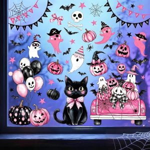 Large Pink Halloween Window Cling with Cute Cat, Ghost and Pumpkin,6 Sheets | 73 PCS Glue-Free, No Residue, Double-Sided, Reusable PVC Pink Ghost Clings Decor for Home Classroom Office Party Decoration