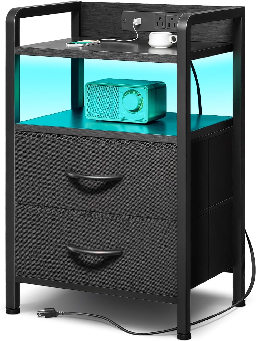 Lazzanto Nightstand with Rear Charging Station, LED Light, 2 Drawers, Black | Industrial Nightstand, 2 USB-A Ports & AC Outlets, Raised Back Guard, Fabric Storage Drawers, Bedside Table for Bedroom, Dorm