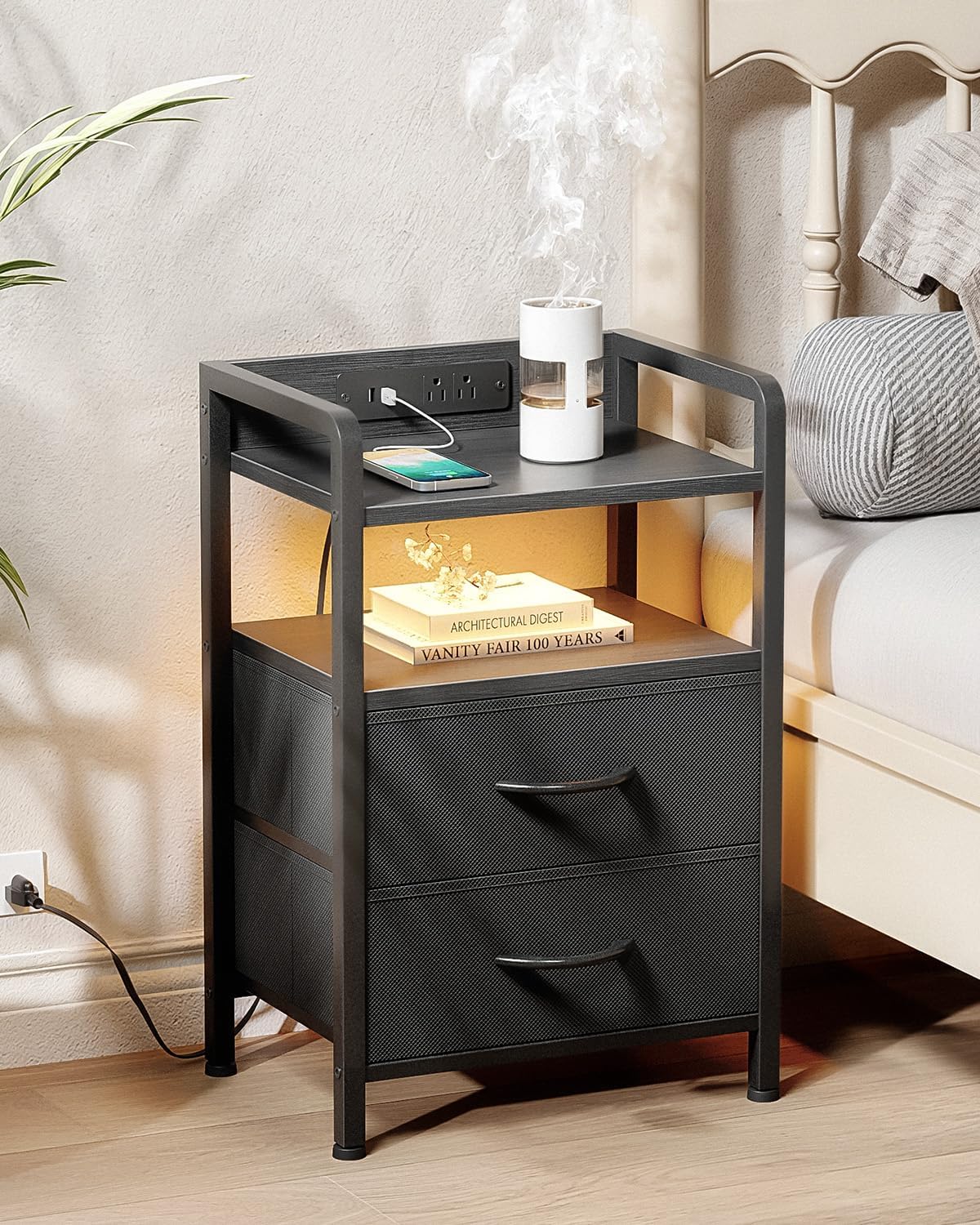Lazzanto Industrial Nightstand: 2-Drawer, LED, Rear USB/AC Charging. Bedside. - Image 2