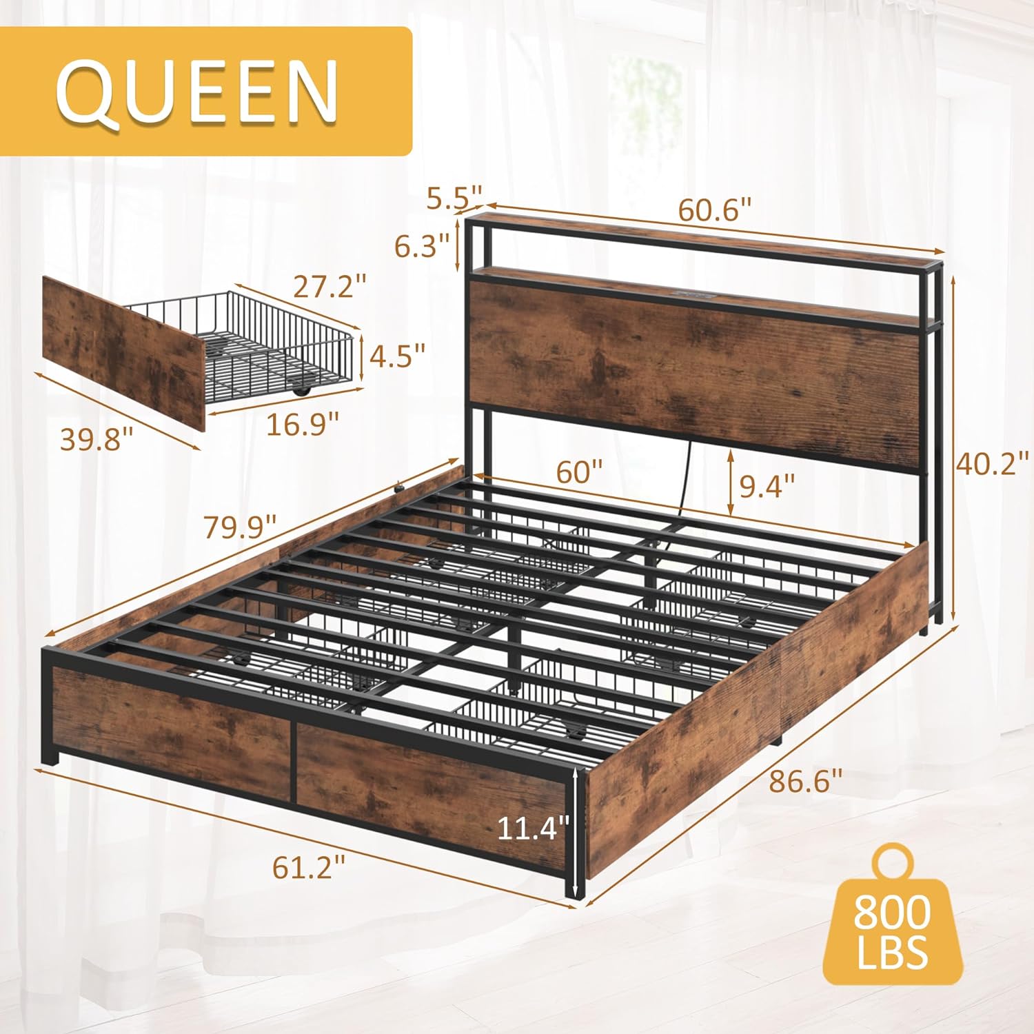 Lifezone Queen Platform Bed Review: Vintage Brown, Storage, Charging, LED, No Box Spring - Image 2