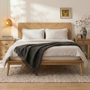 Loki Solid Wood Platform Bed Full, Chevron Headboard, Light Oak | Wood slat support, no box spring needed, noise-free, tool-light assembly, mid-century bedroom, apartment, guest room, dorm