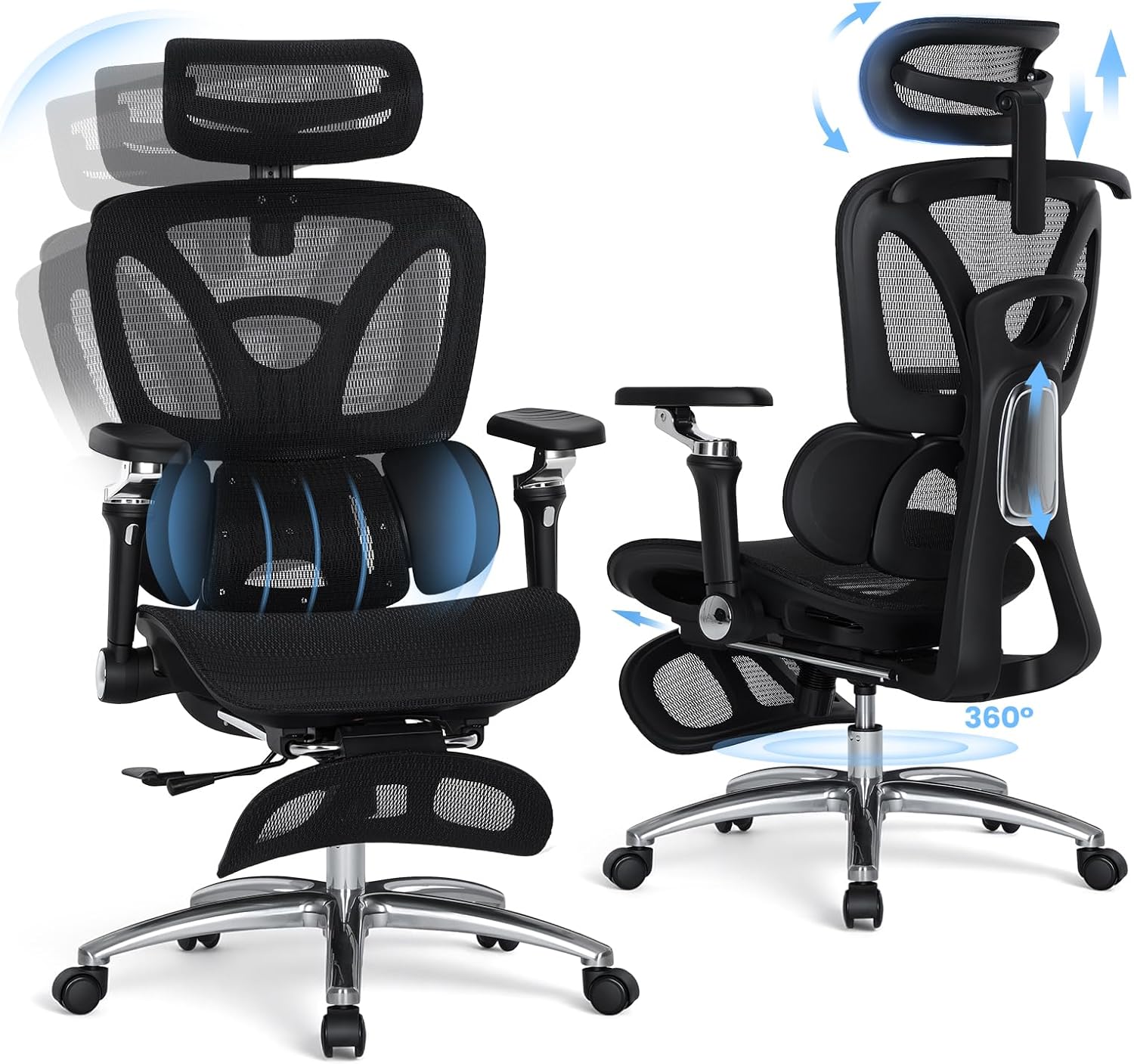 MALOL Ergonomic Office Chair, 400lbs High Back Mesh Desk Chair with 6D Armrests, 3D Headrest, Adjustable Lumbar Support, Seat Depth Adjustment, Tilt Lock, Metal Base & PU Wheels, Black