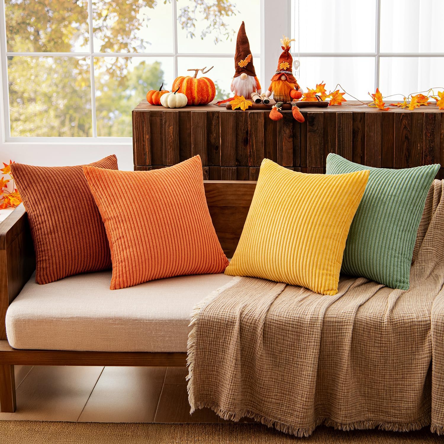 MIULEE 18x18 Fall Retro Decorative Pillow Covers, Set of 4 Yellow Rust Green - Image 2
