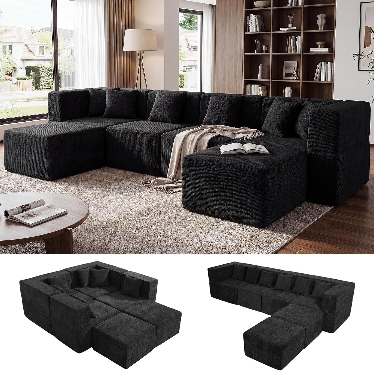 MONVANE U Shaped Boneless Sectional Couch Oversized, Chenille, Black | 6-Seat Sectional Couch for Living Room, Modular Cloud Sofa with Ottoman & 6 Throw Pillows, No Assembly Required