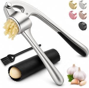 Kitchen Garlic Press, Rust Proof & Dishwasher Safe Garlic Mincer, Durable Garlic Crusher Set with Peeler&Brush, Easy to Clean and Squeeze, Matte