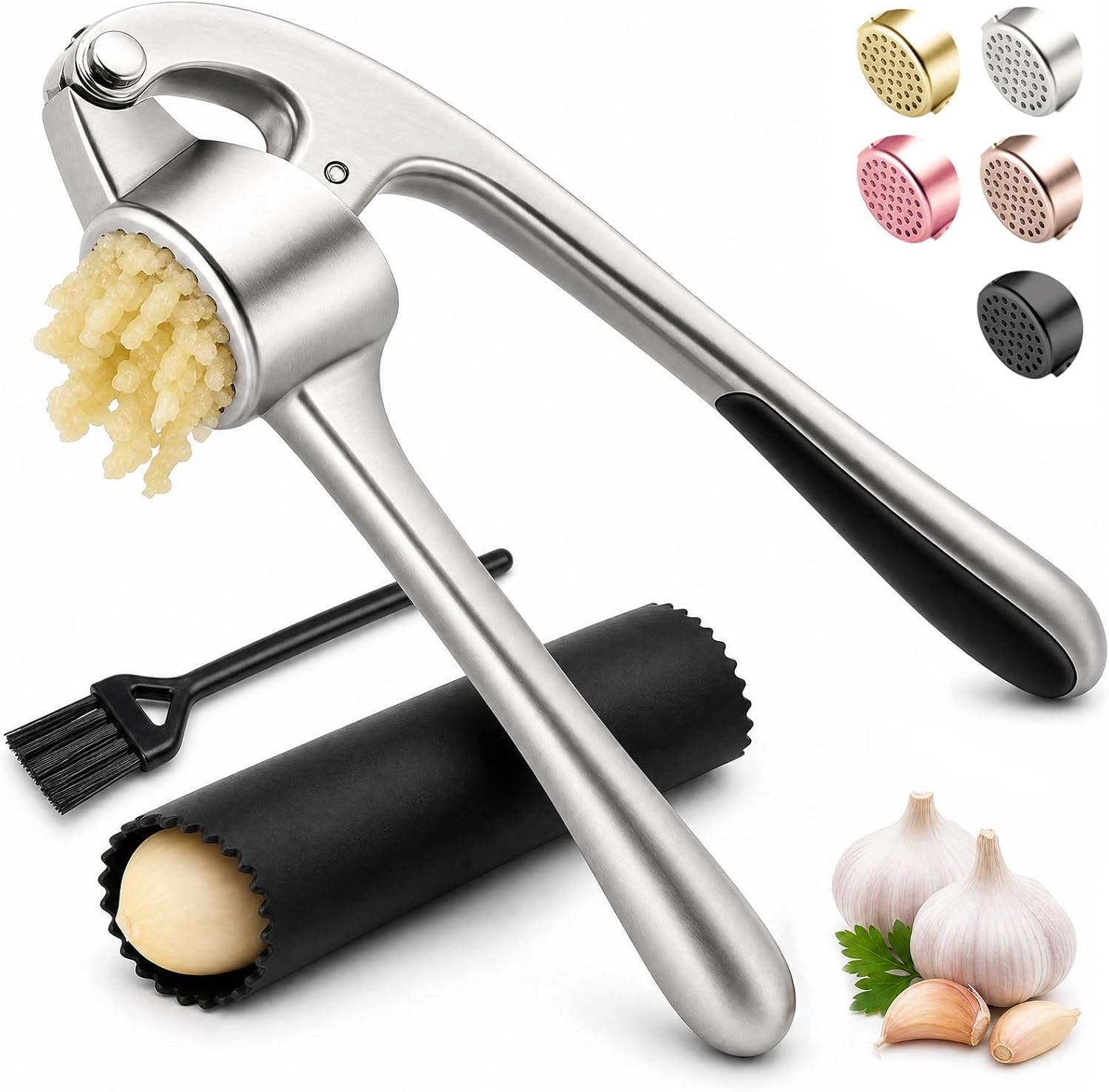 Kitchen Garlic Press, Rust Proof & Dishwasher Safe Garlic Mincer, Durable Garlic Crusher Set with Peeler&Brush, Easy to Clean and Squeeze, Matte