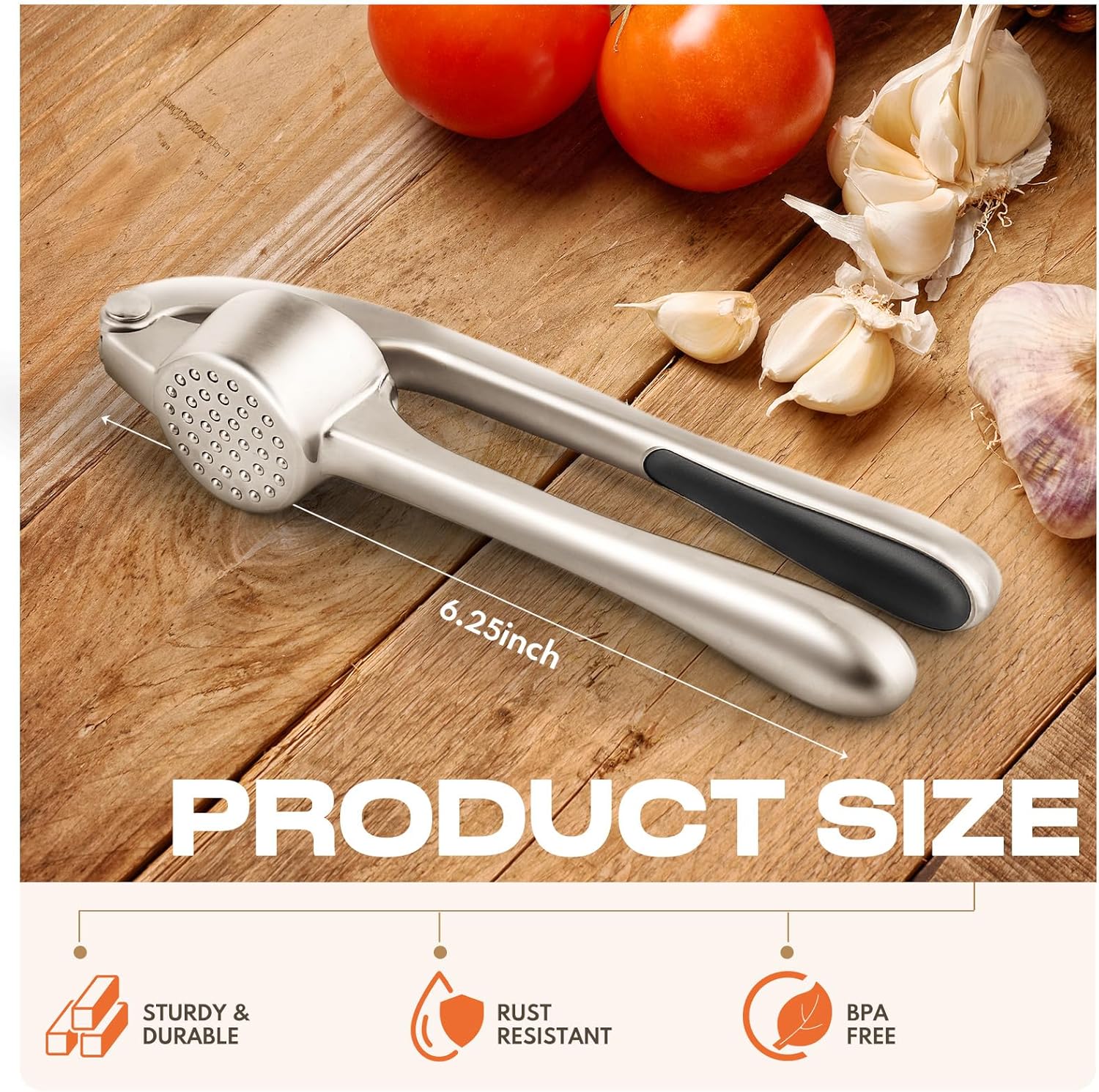 Matte Rust-Proof Garlic Press Set. Dishwasher Safe, Easy Squeeze & Clean w/ Peeler & Brush. - Image 2