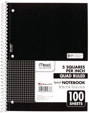 Home Mead Spiral Notebook, 1 Subject, Graph Ruled Paper, 7-1/2" x 10-1/2", 100 Sheets, Black (05676AA5)