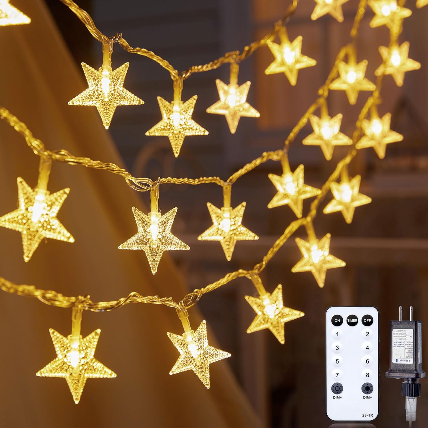 Minetom 33ft Plug in Star String Lights with Remote and Timer | 33ft Durable Wire, 100 LED Star Bulbs, Warm White Glow, Adjustable Brightness, Waterproof for Bedroom Porch Tent Indoor Décor