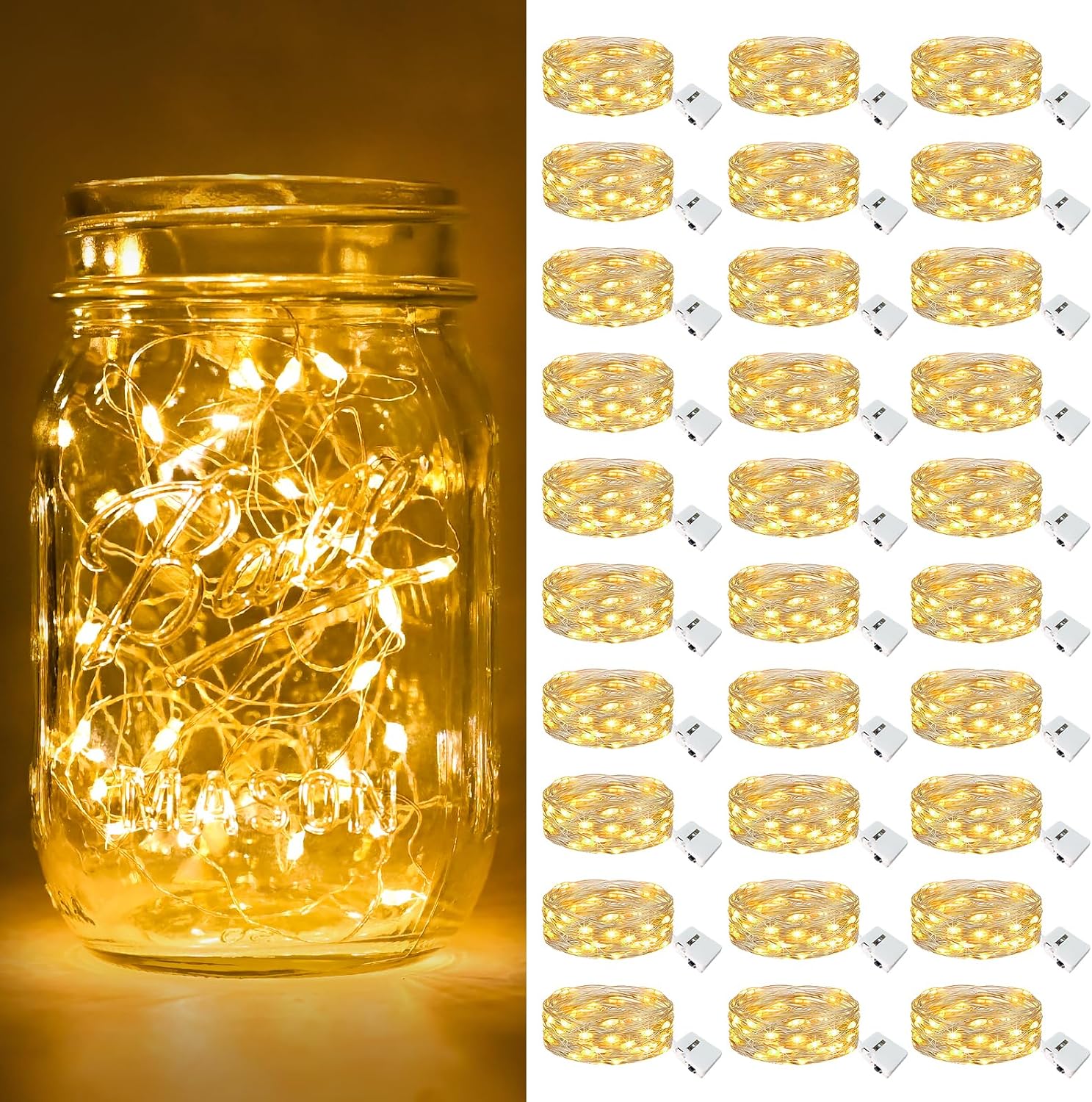 btfarm 30 Pack Fairy Lights Battery Operated Twinkle Lights with 3 Modes | 7Ft 20 Led String Light, Waterproof Bulk Small Mini Silver Wire for Christmas Mason Jars Wedding Table Centerpiece,Warm White