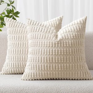MIULEE Corduroy Decorative Throw Pillow Covers 18x18 Cream White Pack of 2 | Soft Boho Striped Pillow Covers Modern Farmhouse Home Decor For Sofa Living Room Couch Bed