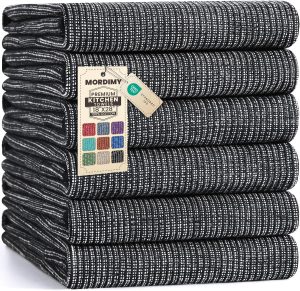 Mordimy Premium Large Cotton Kitchen Towels (18"x 28", 6 Pack), Black | 100% Ring Spun Cotton, Super Absorbent, 380 GSM, Flat & Terry, Soft, Hanging Loop Dish Towels