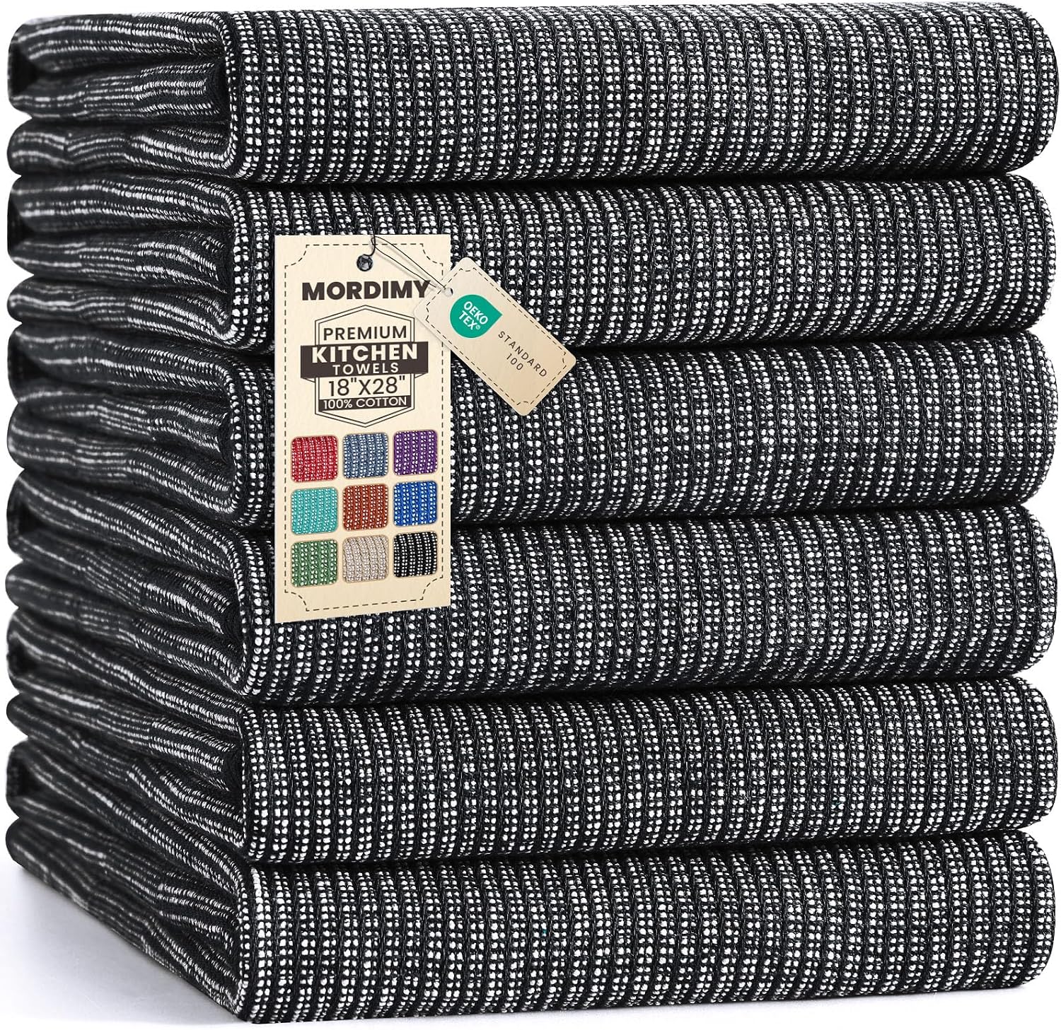 Mordimy Premium Large Cotton Kitchen Towels (18"x 28", 6 Pack), Black | 100% Ring Spun Cotton, Super Absorbent, 380 GSM, Flat & Terry, Soft, Hanging Loop Dish Towels