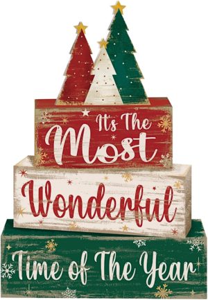 Moucuny 4 Pcs Christmas Tree Table Decorations | Wooden Blocks with 3 Trees for Tables, Home Kitchen Holiday Decor, Farmhouse Christmas Piece, Wonderful Time Sign