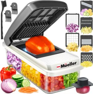 Mueller Vegetable Chopper Mandoline Slicer, Food Veggie Chopper | Cheese Grater, Onion Vegetable Cutter with Container, Dicer, Kitchen Gadgets & Essentials, White Sand/Grey