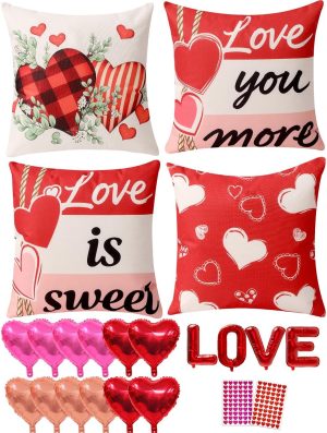 multiwins Valentine Decorations Set of 4 Double-Sided Valentine's Day Throw Pillow Covers 20" x 20", Reversible 8 Designs, with 16 pcs Heart & Love Balloons, Stickers, Complete Valentines Decor Kit