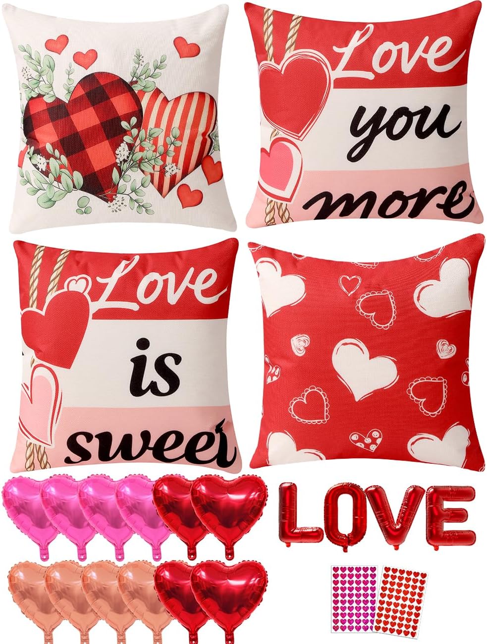 multiwins Valentine Decorations Set of 4 Double-Sided Valentine's Day Throw Pillow Covers 20" x 20", Reversible 8 Designs, with 16 pcs Heart & Love Balloons, Stickers, Complete Valentines Decor Kit