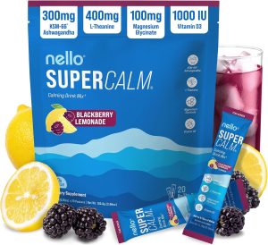 Shop Kitchen Tools & Home Decor Nello Supercalm Powdered Drink Mix, Cortisol Reducer*, Sleep Aid Supplement, L Theanine, Ksm-66 Ashwagandha, Magnesium Glycinate, Vitamin D 3, No Sugar, Non GMO, 20 Ct, BlackBerry Lemonade