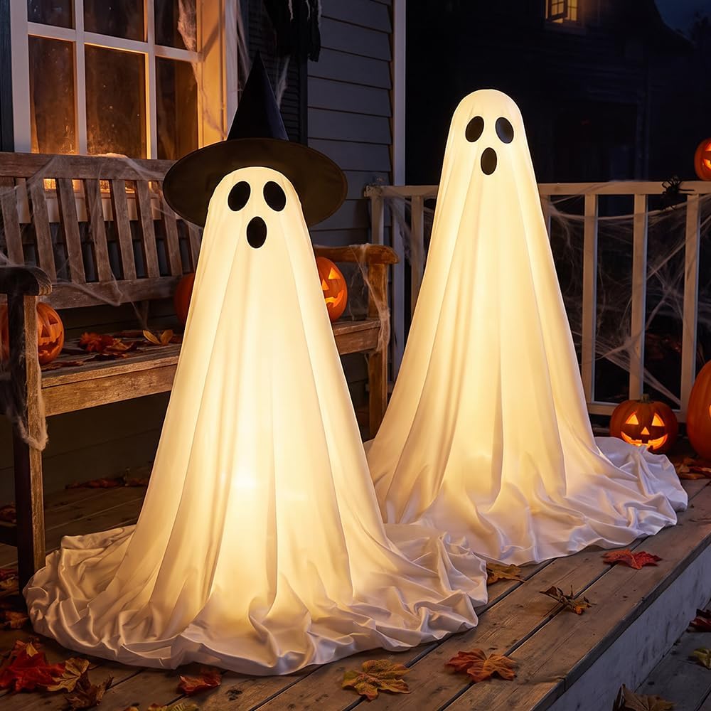 2026 New Halloween Decorations Outdoor, 2.7 FT Light Up Ghosts | with Remote Control String Lights & Upgraded Sheet, Scary Ghost Halloween Party Decor Outside for Tree Porch Yard Garden Lawn