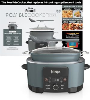 Ninja® PossibleCooker™ PRO 14-in-1, 8.5-qt, Sea Salt Gray, MC1001 | 14-in-1 replaces 14 appliances, Triple Fusion Heat®, slow cook, sauté, roast & steam, nonstick oven-safe pot to 500°F.