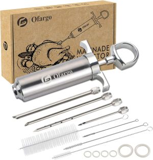 Ofargo Stainless Steel Meat Injector Syringe Kit with 4 Marinade Needles for BBQ Grill Smoker, Father Day Gifts for Dad Husband Men Him, 2-oz Large Capacity, Both Paper User Manual and E-Book Recipe