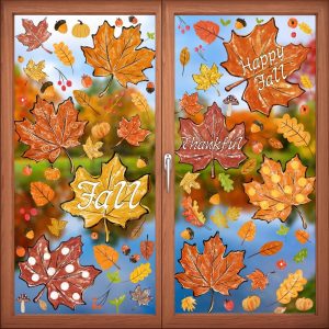 YUJUN 8 Sheets Thanksgiving Fall Window Clings - Maple Leaves Pine Cones Oil Painting Window Decals Stickers for Autumn Glass Home Decor and Thanksgiving Fall Decoration