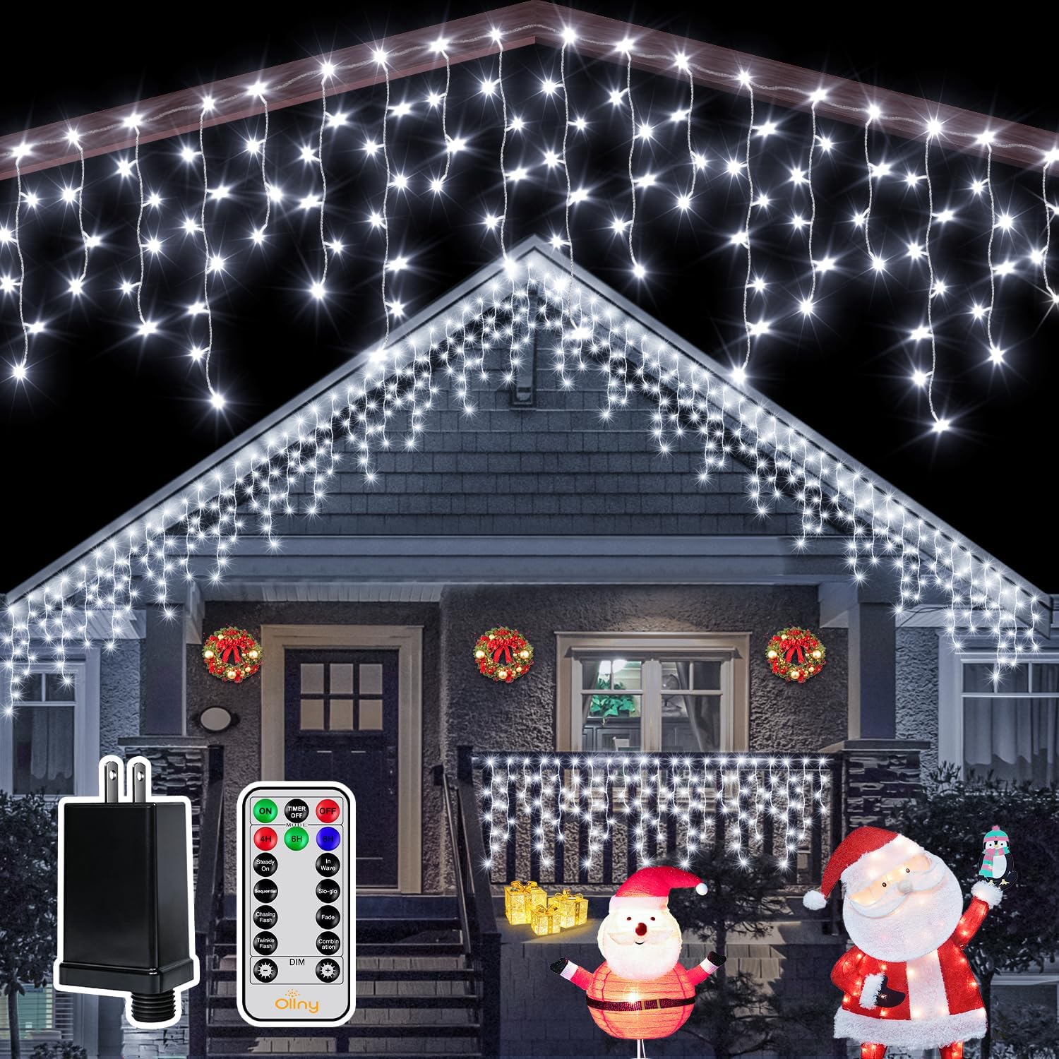 Ollny Icicle Lights for Outside 504LED 41FT, Cool White Christmas Light with Remote 8Modes Timers Waterproof, Plug in Connectable Hanging Lights for Outdoor Indoor House Roof Holiday