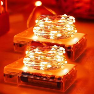Thanksgiving Fall Decorations Orange Fairy Lights Battery Operated | 2 Pack Each 16.5Ft 50Led Timer Mini Copper Wire String Lights Indoor, Battery Powered Outdoor DIY Firefly Halloween Decor
