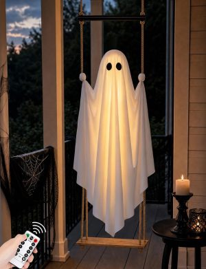 Halloween Decorations Outdoor 4.6FT Large Pre-Assembled Hanging Swing Ghost | ready-to-hang ghost,remote waterproof lights,stable&adjustable,sturdy–ideal for porches, trees, yards & entryways