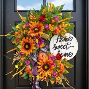 24 Inch Fall Wreaths for Front Door,Outdoor Autumn Wreath with Sunflowers | Fall Door Wreath with Sunflowers,Pumpkins,Dahlias & Welcome Sign,Fall Wreath for Outdoor Wreaths for Front Door,Autumn Decor