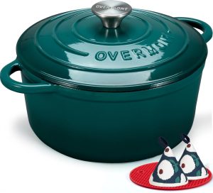 Overmont Enameled Cast Iron Dutch Oven - 7QT Pot with Lid Cookbook & Cotton Potholders - Heavy-Duty Cookware for Braising, Stews, Roasting, Sourdough Baking bottle green