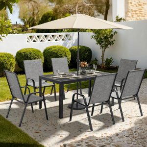 Pamapic Outdoor Dining Sets for 6, Rectangular Steel Slat Table with 6 Textilene Chairs, 7 Piece Patio Table and Chairs Set with Umbrella Hole for Patio, Backyard, Poolside (Grey, No Umbrella)