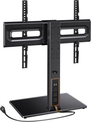 Perlegear Universal TV Stand with Power Outlet, Swivel TV Stand for 32-80 inch TVs up to 99 lbs, TV Base with Tempered Glass Base, Height Adjustable TV Mount Stand Max VESA 600x400mm PGTVS31