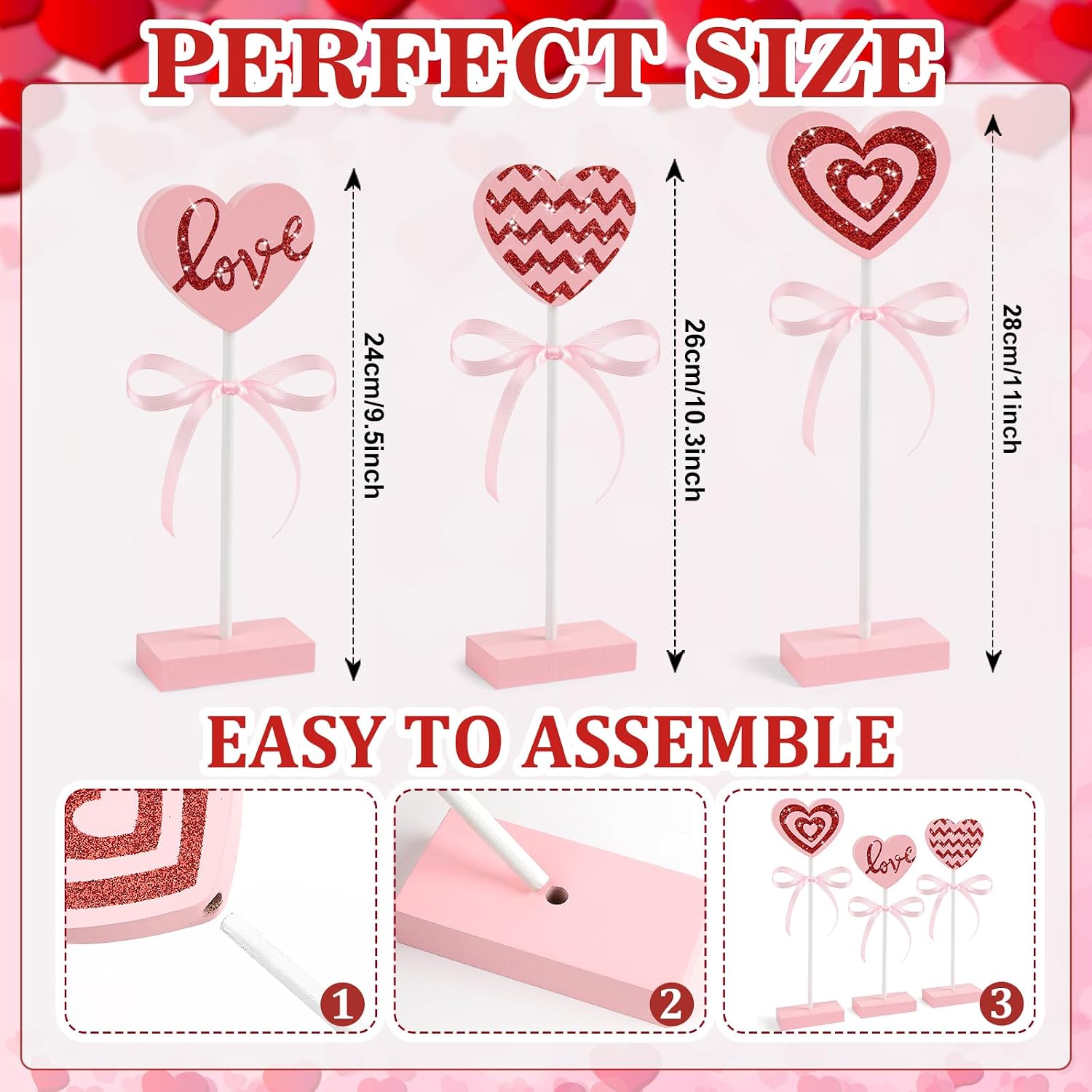 Pink 3pc Wooden Heart Valentine Home Table & Tray Decor Set - Image 2