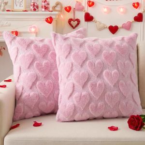 OLANRUN Valentines Pillow Covers 18x18 Inch Set of 2, Valentines Day Decorations Pink Soft Plush Faux Fur Jacquard Heart Throw Pillow Covers for Couch Sofa Home Office Living Room Bedroom Decor (Pink)