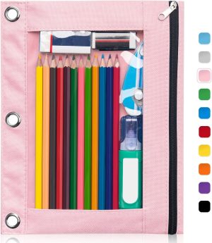 Forvencer Pencil Pouch for 3 Ring Binder, Binder Pencil Case with Binder | Smooth Zipper Pencil Bag, Clear Window Pencil Case for Binder, Big Capacity 3 Ring Binder with 3 Reinforced Grommets, Pink