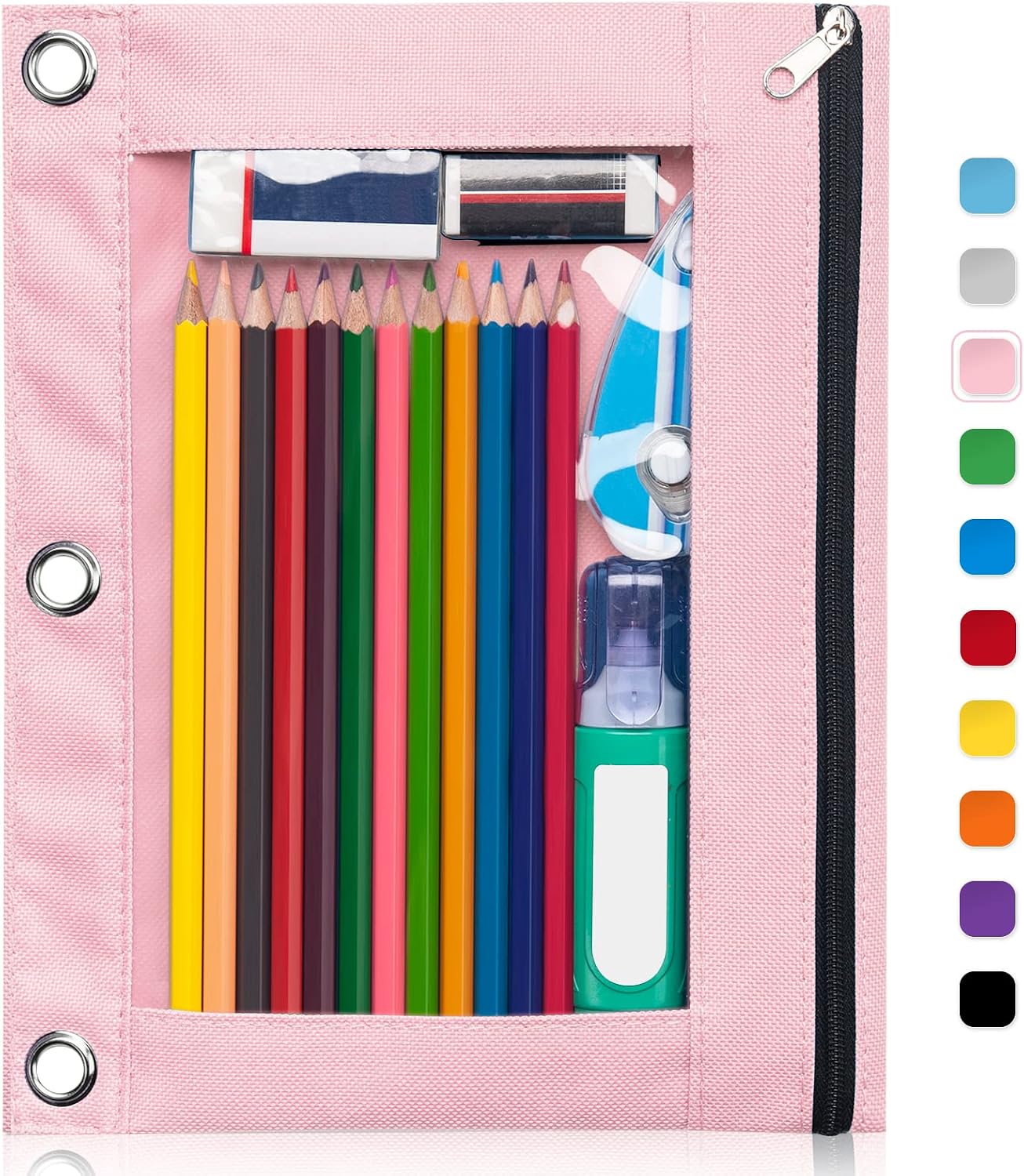Forvencer Pencil Pouch for 3 Ring Binder, Binder Pencil Case with Binder | Smooth Zipper Pencil Bag, Clear Window Pencil Case for Binder, Big Capacity 3 Ring Binder with 3 Reinforced Grommets, Pink