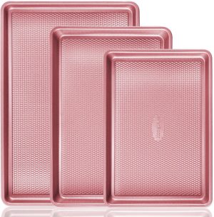 Baking Sheet Pan Set, Cookie Sheets for Oven, Nonstick Half/Quarter/Jelly Roll Pans with Diamond Texture Pattern, Heavy Duty Cookie Tray, Pink