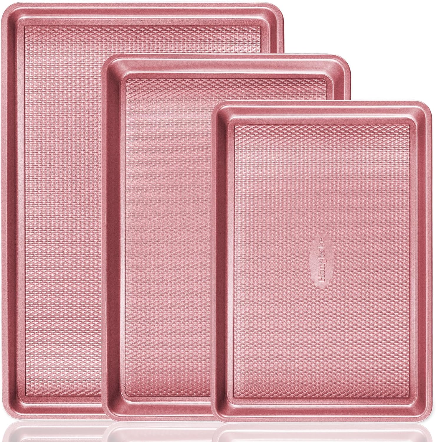 Baking Sheet Pan Set, Cookie Sheets for Oven, Nonstick Half/Quarter/Jelly Roll Pans with Diamond Texture Pattern, Heavy Duty Cookie Tray, Pink