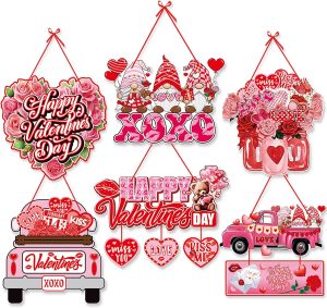 Pink-Red Valentines-Day Front-Porch Door Hanger-Decor - 6pcs Love Romantic Special Night Galentines Party Paper Signs Banners,Engagement Wedding Anniversary Wall Hanging Decorations Lasting Surprise