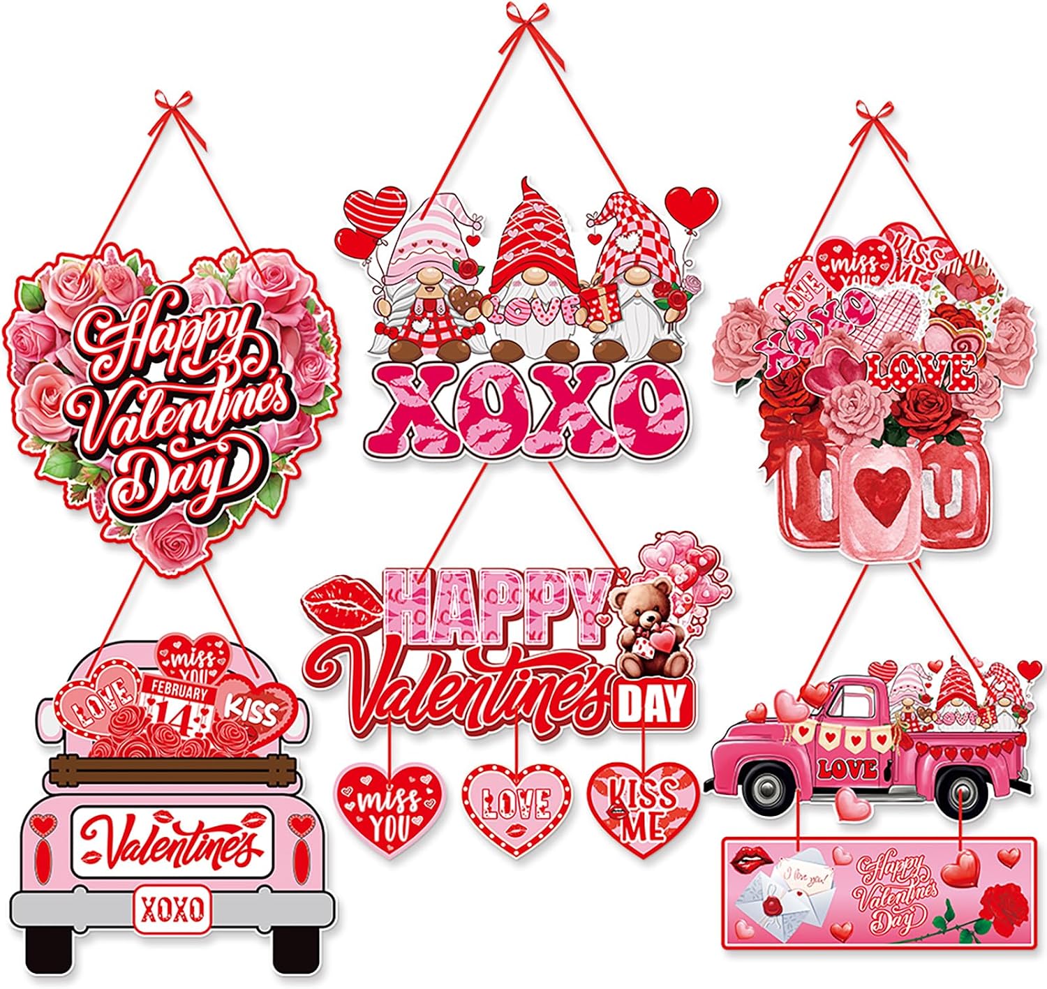 Pink-Red Valentines-Day Front-Porch Door Hanger-Decor - 6pcs Love Romantic Special Night Galentines Party Paper Signs Banners,Engagement Wedding Anniversary Wall Hanging Decorations Lasting Surprise